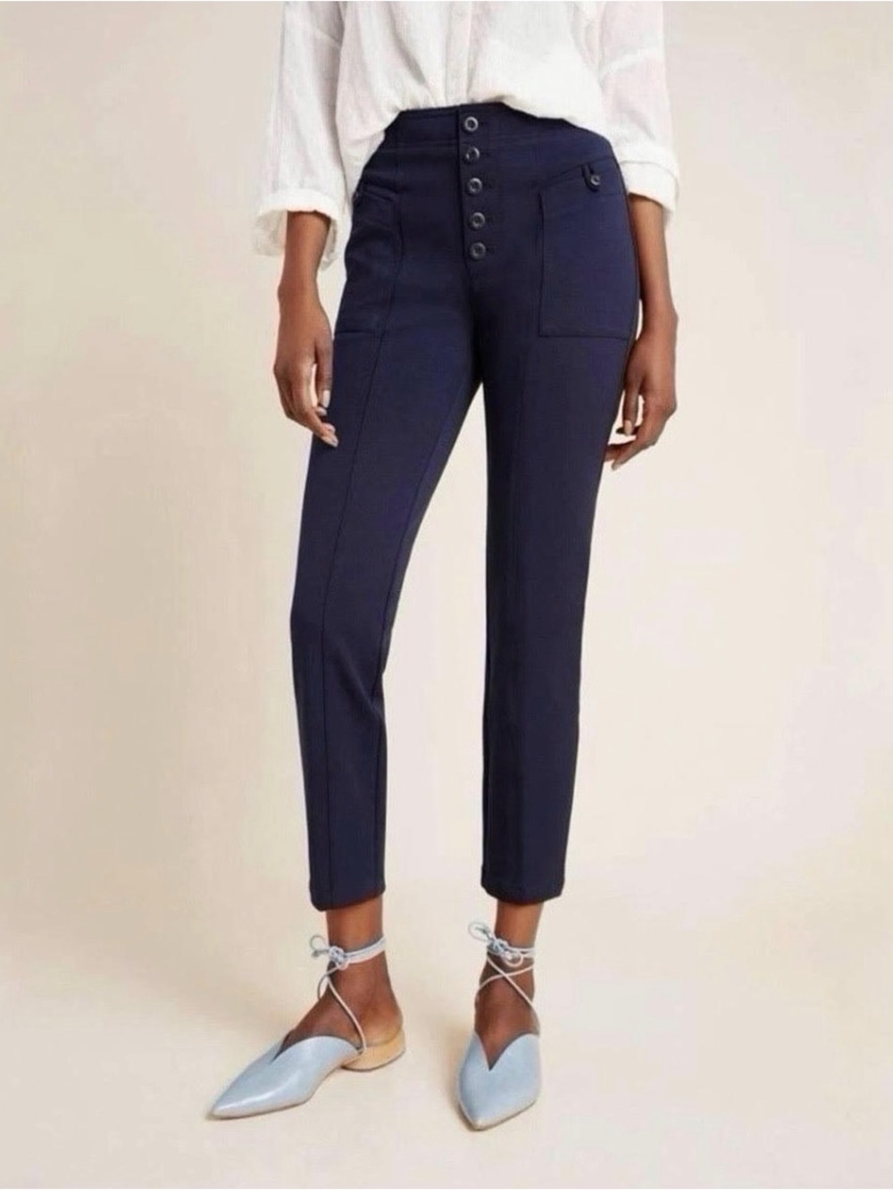 Anthropologie Bryson Button Tapered Navy High-Rise Button Ankle Pants Size 2